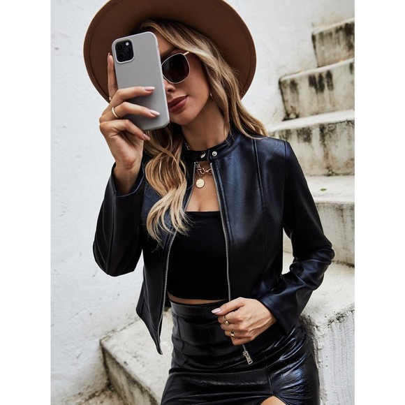 Zip up Vegan Leather Jacket Motorcycle Moto Jacket Black - Picture 5 of 7